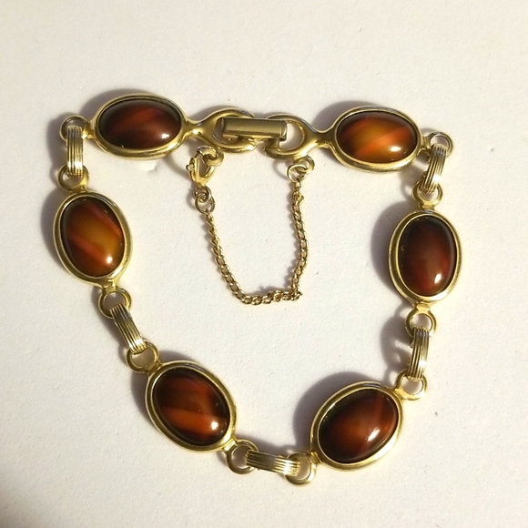 Sarah Cov Mid Century Agate Cabochons Golden Bracelet W Dafety Chain - Picture 1 of 15